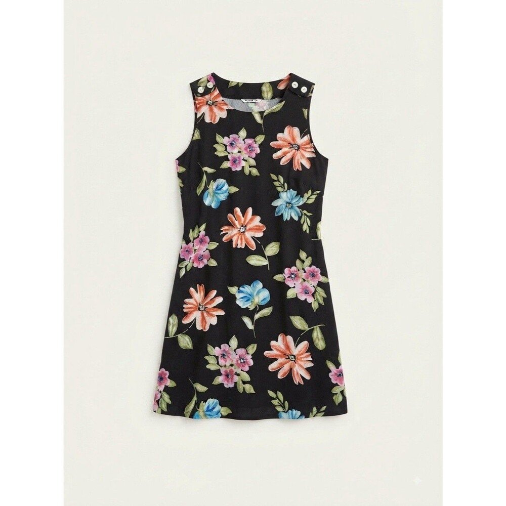 Vintage 90s Dressing Clio Black Floral Rayon Sleeveless Shift Dress S USA Retro
